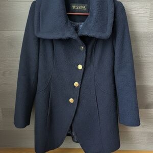 GUESS Navy Textured Wool Blend Coat - Rose Floral Lining SZ Medium